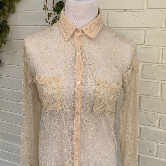 Free People Sheer Lace Top Boho Cream Size XS - Picture 2 of 11